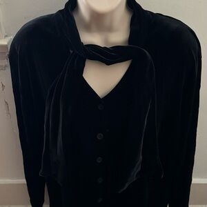 Vintage Discreet velvet black velour button down front ties blouse, one size